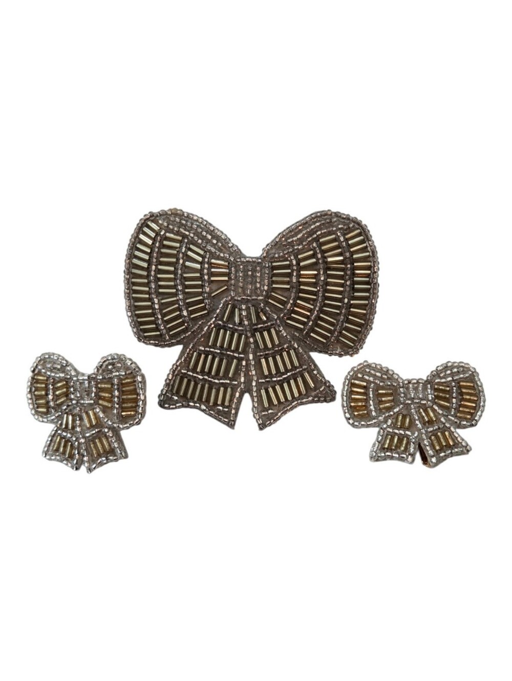 Vintage Beaded Bow Brooch & Clip-On Earrings Set - Silver & Gold